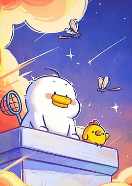 Duck and Chick Catching Dragonflies