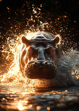 Hippopotamus emerging from water at sunset