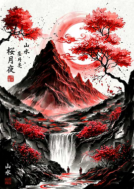 Japanese Landscape with Waterfall and Moon