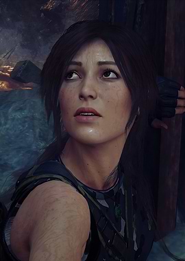 Lara Croft looking up, determined