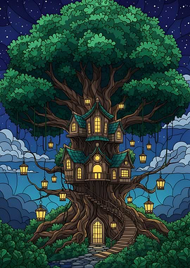 Fantasy Treehouse at Night