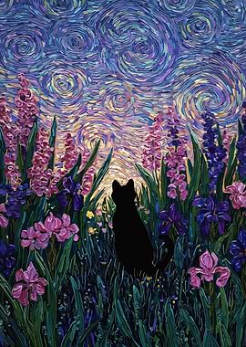 Black Cat in Floral Field Painting
