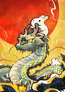 Dragon and Rabbits with Red Moon