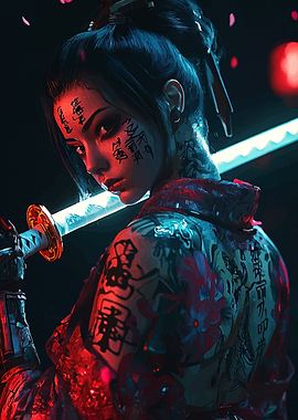 Cyberpunk Samurai Woman with Glowing Katana