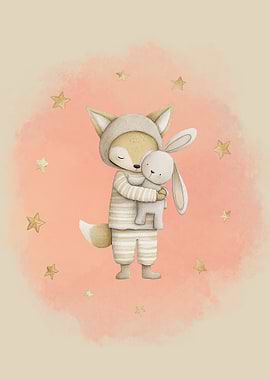 Fox and Bunny Hug Illustration
