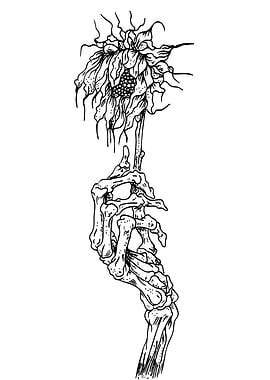 Skeleton Hand Holding Sunflower Line Art