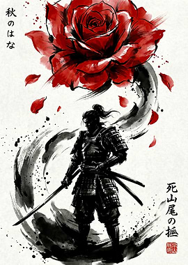 Samurai with Rose Ink Painting