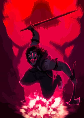 Red Warrior with Spear and Axe