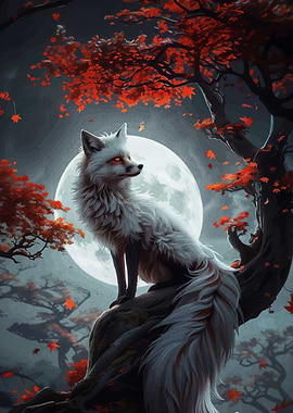 White Fox Under Autumn Moon