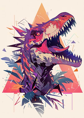 Abstract Dinosaur Portrait with Geometric Elements