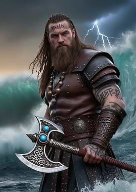 Viking Warrior with Axe in Storm