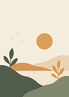 Minimalist Landscape with Sun and Plants