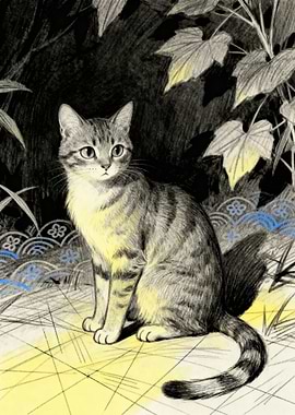 Tabby Cat in Garden Illustration