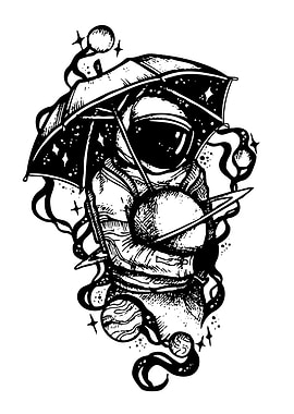 Astronaut with Umbrella and Planets