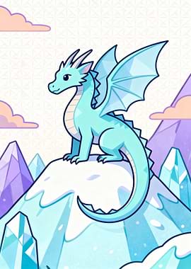 Cute Ice Dragon on Snowy Mountain