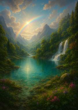 Rainbow over Mountain Lake Landscape