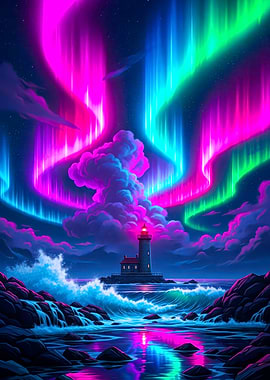 Lighthouse under Aurora Borealis