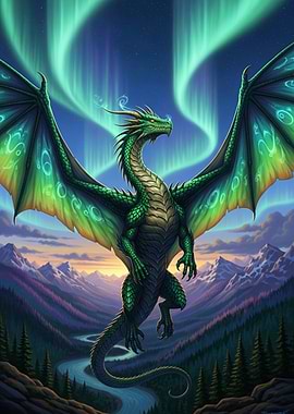 Majestic green dragon soaring under vibrant aurora borealis