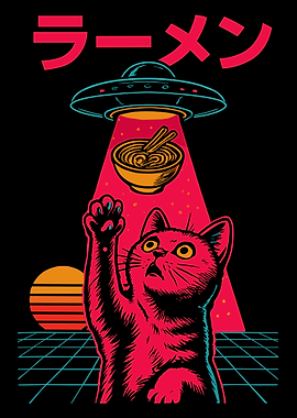 Alien Ramen Cat Poster UFO Abduction Funny Japanese Ramen Wall Art Retro Print