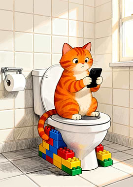 Cat on Toilet with Phone
