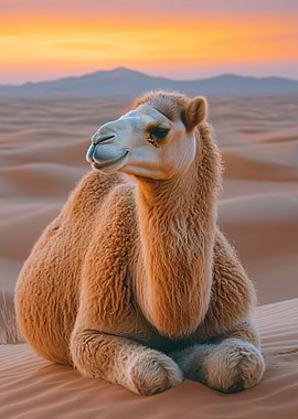 Camel Resting in Desert at Sunset
