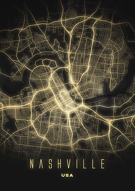 Nashville, USA - Radiant Night City Map Poster, Street Wall Art