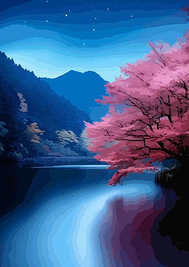 Cherry Blossom Lake Landscape