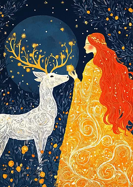 Woman and Deer in Enchanted Forest