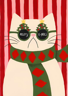 Grumpy Christmas Cat with Festive Glasses