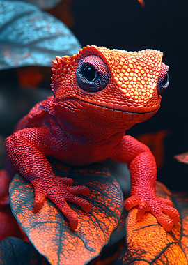 Red Lizard Portrait on Leaves