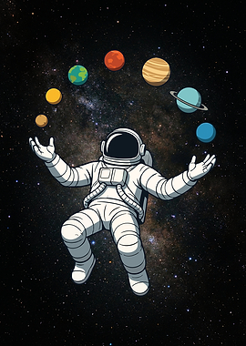 Astronaut Juggling Planets in Space