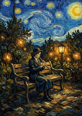 Woman playing flute in starry night