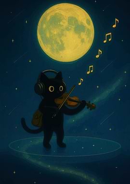 Black Cat Violinist Under the Moon
