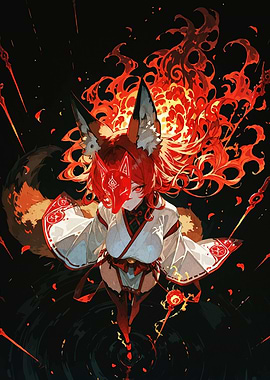 Fox Girl with Mask and Fire