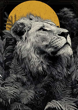 Lion in Jungle with Golden Sun