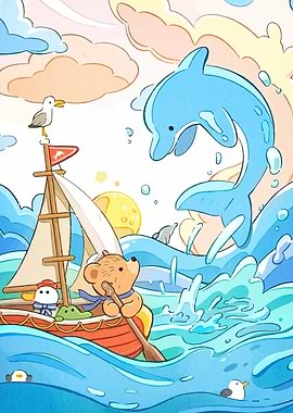 Cartoon Seascape with Bear and Dolphin