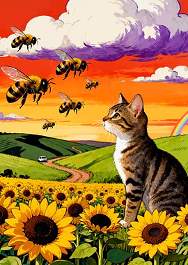 Cat, Bees, and Sunflowers Landscape