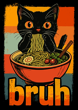 Bruh Cat Ramen Poster Funny Black Cat Wall Art Cute Anime Style Kitchen Print