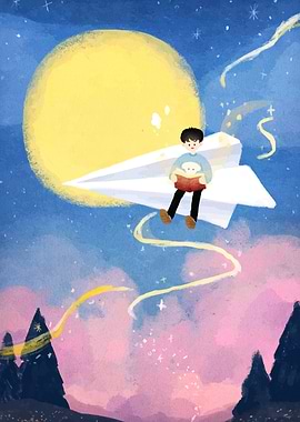 Boy Reading on Paper Airplane