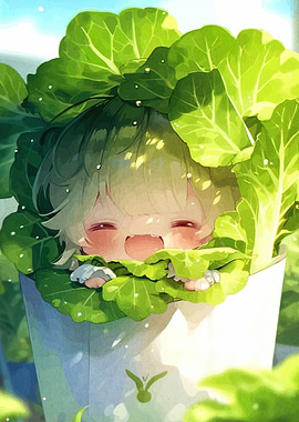 Cute Anime Character in Lettuce Pot