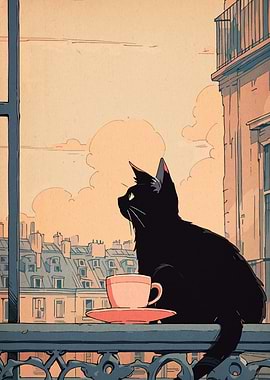 Black cat on balcony with coffee