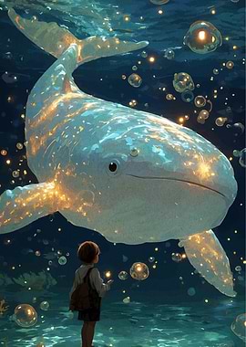 Child and Glowing Whale in Ocean