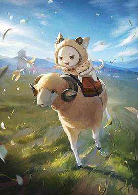 Child Riding Ram in Pastoral Landscape