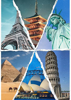 World Landmarks Torn Paper Collage