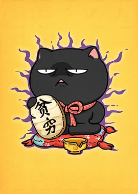 Grumpy Black Cat with Japanese Text