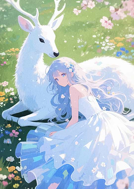Anime Girl with White Deer Meadow
