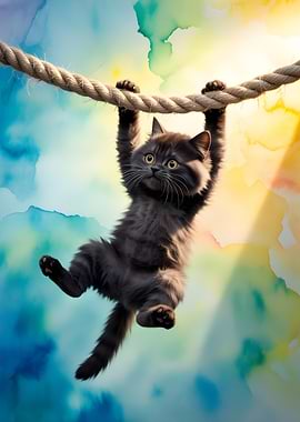 Kitten Hanging on Rope Watercolor Background