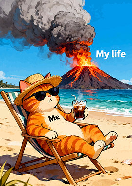 Cat on beach with volcano