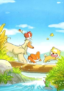 Cartoon Dogs on a Log