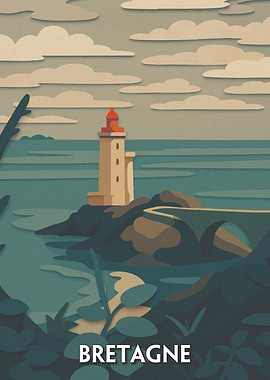 Bretagne Lighthouse Coastal Scene Illustration